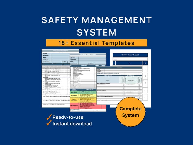 May include: A digital safety management system document set featuring 18+ essential templates. The graphic displays various forms, a health and safety checklist, and a risk assessment table with colour-coded levels, all on a dark blue background.