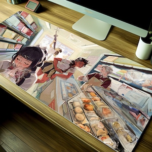 May include: A colourful illustration of four people in a convenience store. The people are standing around a counter with a variety of snacks and drinks. The illustration is in a cartoon style and has a bright and cheerful colour palette.