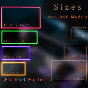 Puede incluir: Un gr&aacute;fico que muestra los diferentes tama&ntilde;os de paneles de luz LED RGB y no RGB. Los tama&ntilde;os se enumeran en pulgadas. El gr&aacute;fico est&aacute; sobre un fondo oscuro con un degradado de colores.