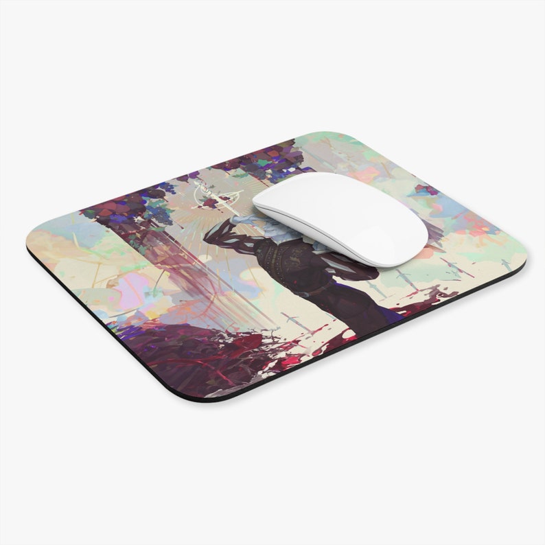 May include: Mouse mat with an artistic illustration of a figure with a sword, set against a backdrop of abstract shapes and colours. A white wireless mouse rests on the pad. The design incorporates shades of purple, red, and beige.
