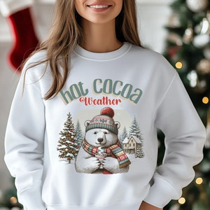 Retro Polar Bear Crewneck Sweatshirt, Hot Cocoa Weather, Christmas Winter Apparel Gift, Mom Grandma Aunt Daughter Girlfriend, 90&#39;s Vintage