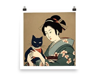 鏡の前でぼんやりしている黒猫 - 浮世絵風ミームアート - 高品質