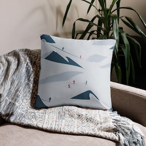 Downhill Skiers with Mountains Pillow and Case