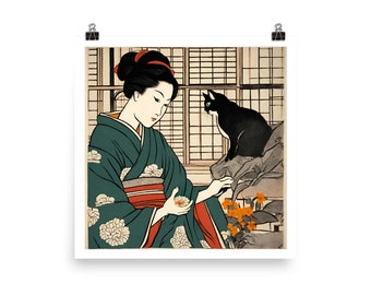 Japanese Wood Block Print with Tuxedo Cat Ukiyo-e Style Poster