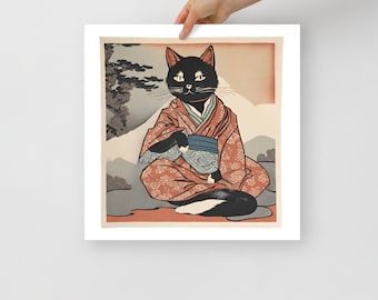 Kimono Cat Ukiyo-e Style Block Print, Japanese Cat Poster, Vintage Japanese Cat Print, Cat Poster, Animal Art, Asian Decor, Japanese Decor