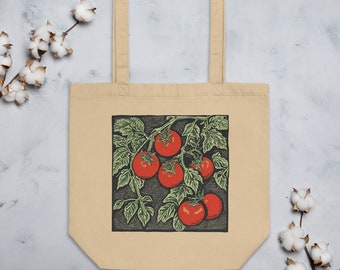 Bolsa de mano ecológica reutilizable y orgánica con estampado artístico de tomates para comestibles y mercados