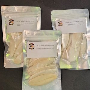 May include: Three clear plastic bags containing white cuttlefish bones. Each bag has a label that reads "(8) 2-4" pieces of cuttlefish bones. Excellent source of calcium for your isopods."