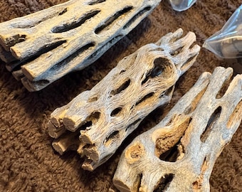 May include: Several pieces of cholla wood, a type of desert driftwood, are arranged on a brown surface. The wood has a light gray color with numerous holes and a textured surface. The ends of the wood pieces are a lighter brown.
