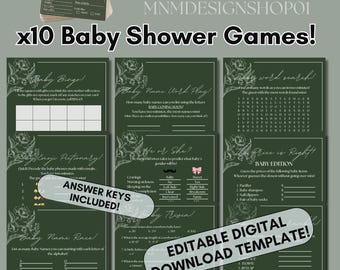 Paquete de juegos para baby shower con plantilla de Canva, 10 hojas de actividades editables para baby shower, descarga digital imprimible, juego de bingo para bebés, tema moderno.