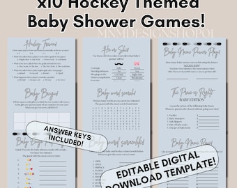 Paquete de juegos para baby shower con temática de hockey, 10 juegos editables con claves de respuestas, plantilla PDF personalizada para baby shower en Canva.