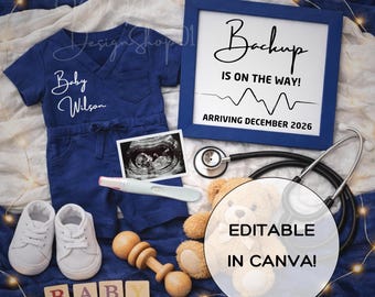 Plantilla de Canva para anuncio de bebé de médico, publicación editable en redes sociales para revelar el embarazo de una enfermera, ecografía de bebé personalizada para estudiantes de enfermería.