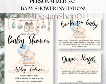 Paquete de invitaciones para baby shower de género neutro: plantilla de Canva, invitación digital editable con temática de oso neutro, libros de rifa de pañales para bebé.