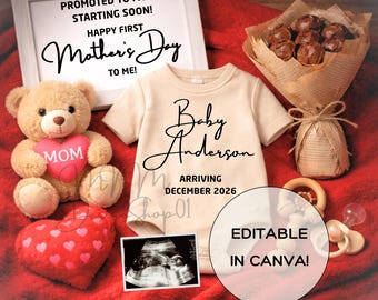 Plantilla de Canva para anunciar el embarazo en el Día de la Madre, publicación en redes sociales para revelar el embarazo de la primera mamá, descarga digital editable para bebés de género neutro.