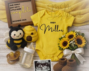 Plantilla de Canva para anuncio de bebé con temática de abejas, publicación editable para revelar el embarazo en redes sociales, revelación de ecografía de verano de género neutro, para padres primerizos