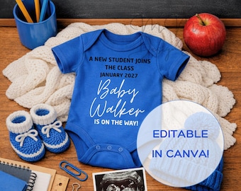 Plantilla de Canva para anunciar el embarazo de un profesor, descarga digital para revelar el embarazo de un nuevo alumno, publicación editable con foto de ecografía para anunciar la llegada de un bebé