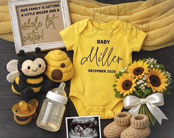 Anuncio de embarazo con temática de abejas, publicación editable para redes sociales para revelar la llegada del bebé, plantilla personalizada de Canva inspirada en el verano: ¡Bebé en camino!