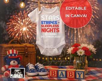 Plantilla editable de Canva para redes sociales para anunciar el embarazo el 4 de julio. Revelación de bebé el 4 de julio. Descarga digital patriótica. Publicación personalizada para bebés.