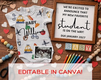 Plantilla digital para anunciar el embarazo de una maestra (descarga digital), plantilla de Canva para anunciar el nacimiento del bebé de un nuevo alumno, publicación editable para padres primerizos sobre la vuelta al cole.