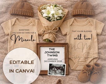 Plantilla de Canva para anunciar bebés gemelos, Anuncio digital de género para revelar el embarazo de gemelos en redes sociales, Vamos a tener dos (tema neutro)