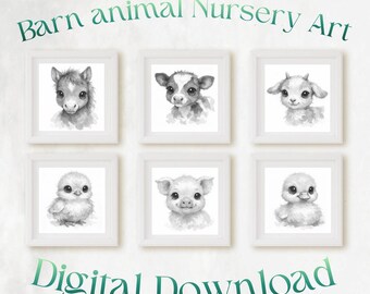 Descarga digital de arte de pared para guardería, temática de granero de animales bebés, decoración para dormitorio infantil, galería de arte con estampados de animales, decoración de sala de juegos