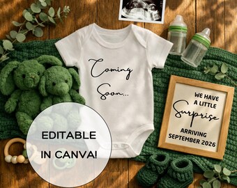 Plantilla moderna de Canva para anunciar la llegada del bebé, descarga digital editable para revelar el embarazo, publicación en redes sociales para padres primerizos: ¡Bebé en camino!