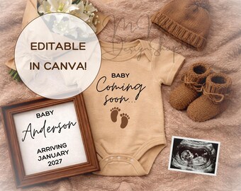 Plantilla digital de Canva para anunciar el embarazo. Anuncio de género neutro para revelar el sexo del bebé. Descarga digital editable para publicar en redes sociales: ¡El bebé viene en camino!