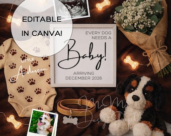 Anuncio digital de embarazo con temática de perros en redes sociales: anuncio de bebé próximamente, anuncio de embarazo editable con ecografía para amantes de las mascotas.