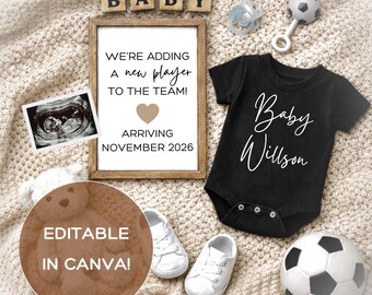 Anuncio de embarazo de género neutro para amantes del deporte. Diseño de fiesta de revelación de género, descarga digital. Publicación en redes sociales para revelar el género del bebé recién nacido.