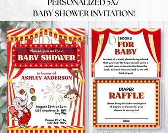 Paquete de invitaciones para baby shower con temática de circo, invitación para la fiesta "Pequeño Peanut Próximamente", plantilla digital editable de Canva para descargar, celebración del nuevo bebé.