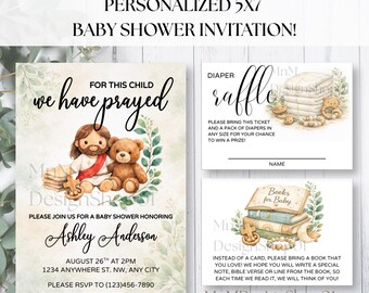 Plantilla de Canva para invitación de baby shower cristiano, paquete de invitaciones inspiradas en la fe, descarga digital editable, sorteo de pañales para bebé imprimible.
