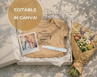 Plantilla moderna de Canva para anunciar la llegada del bebé, descarga digital editable para revelar el embarazo, publicación para anunciar la fecha de parto de la prueba de embarazo, ¡Bebé en camino!