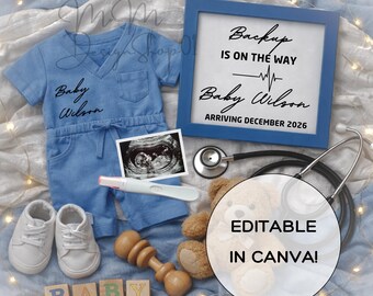 Plantilla de Canva para anuncio de bebé de enfermera, revelación digital de embarazo por parte del médico para padres primerizos, ecografía editable, salud del bebé, publicación en redes sociales