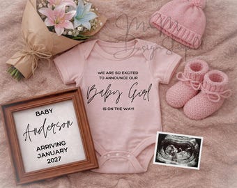 Anuncio de embarazo de niña, plantilla rosa de Canva para anunciar que es una niña, descarga digital editable para revelar el género en redes sociales.