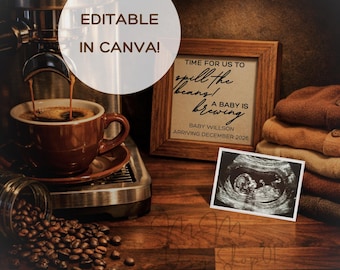 Plantilla de Canva para anunciar la llegada de un bebé con temática de café, anuncio de embarazo "Un pequeño grano de café está en proceso", descarga digital para redes sociales de padres primerizos amantes del café.