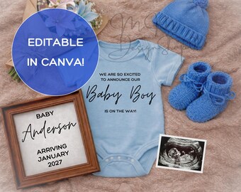 Plantilla de Canva para anuncio de embarazo de niño, publicación para revelar el sexo del bebé, archivo digital editable para hermanito, tema azul.
