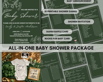 Paquete para baby shower con temática moderna, invitación para baby shower con anuncio de embarazo, archivos editables, juegos para baby shower, paquete de descarga digital, plantilla de Canva