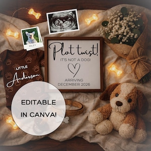 May include: A brown onesie with paw prints and the name "Anderson", a sign that reads "Plot twist! It's not a dog! Arriving December 2026", a dog plush, and a sonogram. The image also includes a photo of a dog named Riley.