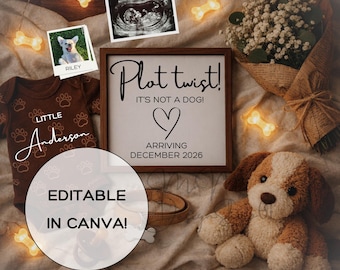 Plantilla de Canva para anuncio de bebé con temática de perro, archivo digital editable para revelar la llegada de un bebé peludo, giro inesperado: ¡no es un perro! Divertido anuncio de revelación de género neutro.