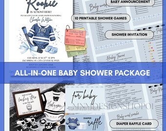 Paquete para baby shower con temática de hockey: invitación para baby shower con temática deportiva, juego editable para baby shower, paquete de descarga digital y plantilla de Canva.