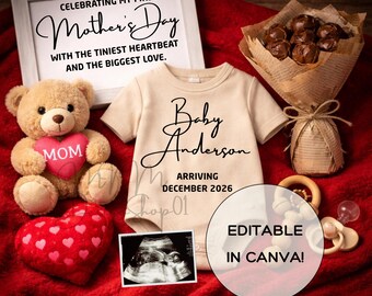 Anuncio de embarazo para el primer Día de la Madre, plantilla editable de Canva para revelar el bebé, publicación moderna para redes sociales sobre el nuevo bebé, anuncio moderno de "Primer bebé en camino"