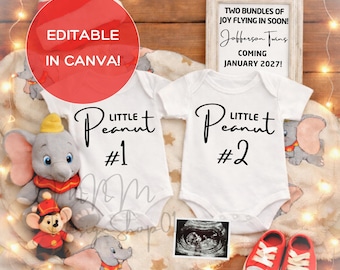 Plantilla de Canva para anuncio de bebé Twin Circus, descarga digital editable para revelar el embarazo, publicación en redes sociales "Two Little Peanuts Coming Soon"