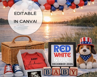 Anuncio de embarazo del 4 de julio, revelación digital editable del bebé, patriótico para redes sociales del 4 de julio, bebé próximamente, sorpresa del Día de los Caídos