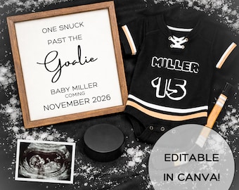 Plantilla de archivo de descarga digital de anuncio de embarazo de hockey para revelar el bebé, anuncio de embarazo editable para los amantes del hockey