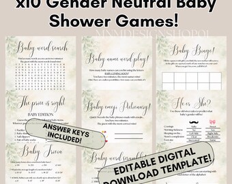 Paquete de juegos para baby shower, actividades imprimibles para bebés de género neutro, plantilla digital editable para Canva, actividad divertida, sencilla y minimalista.