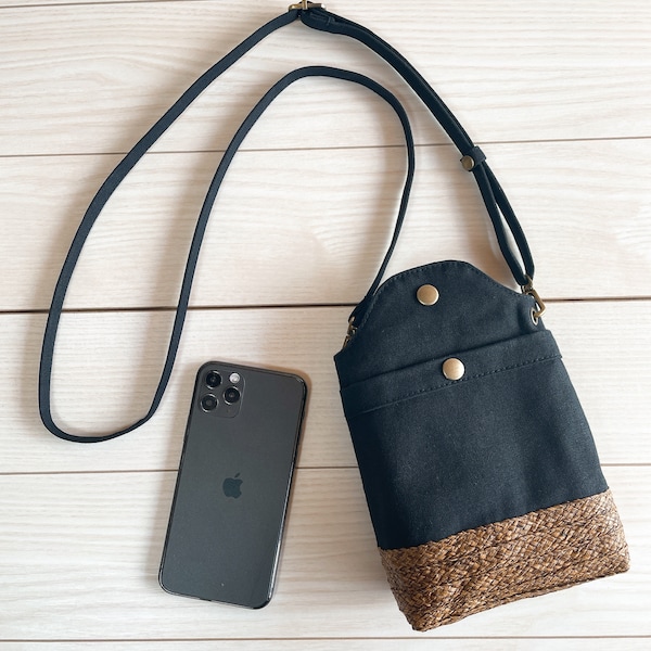Kurashiki Canvas Basket Bag Smartphone Pochette Smartphone Shoulder Spring/Summer Lightweight Hat Blade (Black x Brown)