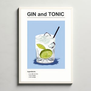 Gin and Tonic Wall Art, Cocktail Wall Art, Bar Cart Decor, Bar Drinks Recipe Poster, Cocktail Poster, Cocktail Print, Gin and Tonic Poster
