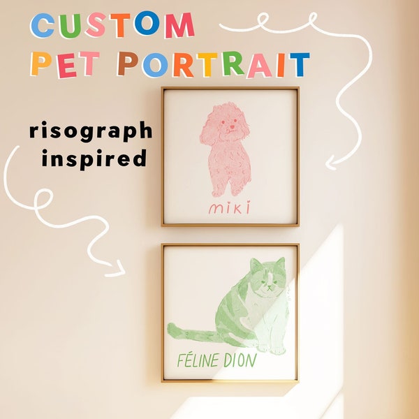 Custom risograph pet portrait, Cute dog and cat illustration, Digital download print.
