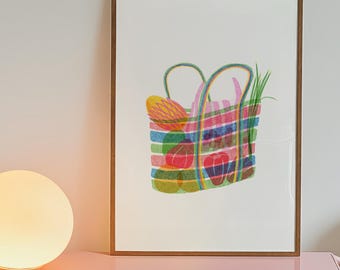 Impresión artística de bolso rayado Gaji de Taiwán: Ilustración nostálgica de fruta taiwanesa (descarga digital)