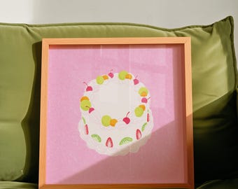 Impresión de pastel de frutas: Arte nostálgico de la panadería china (Descarga digital)
