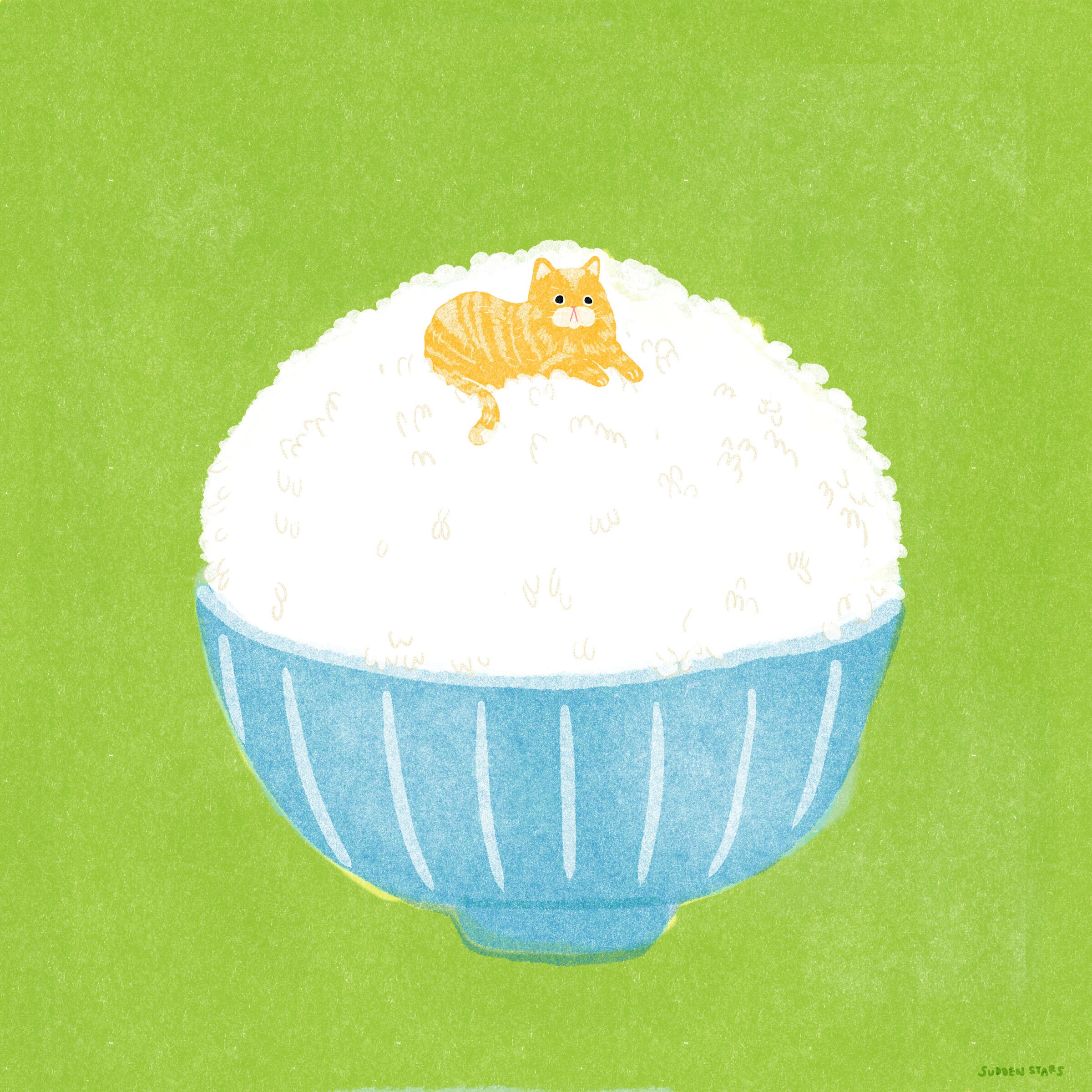 Rice Cat Art Print: Risograph Style Illustration (digital Download) - Etsy